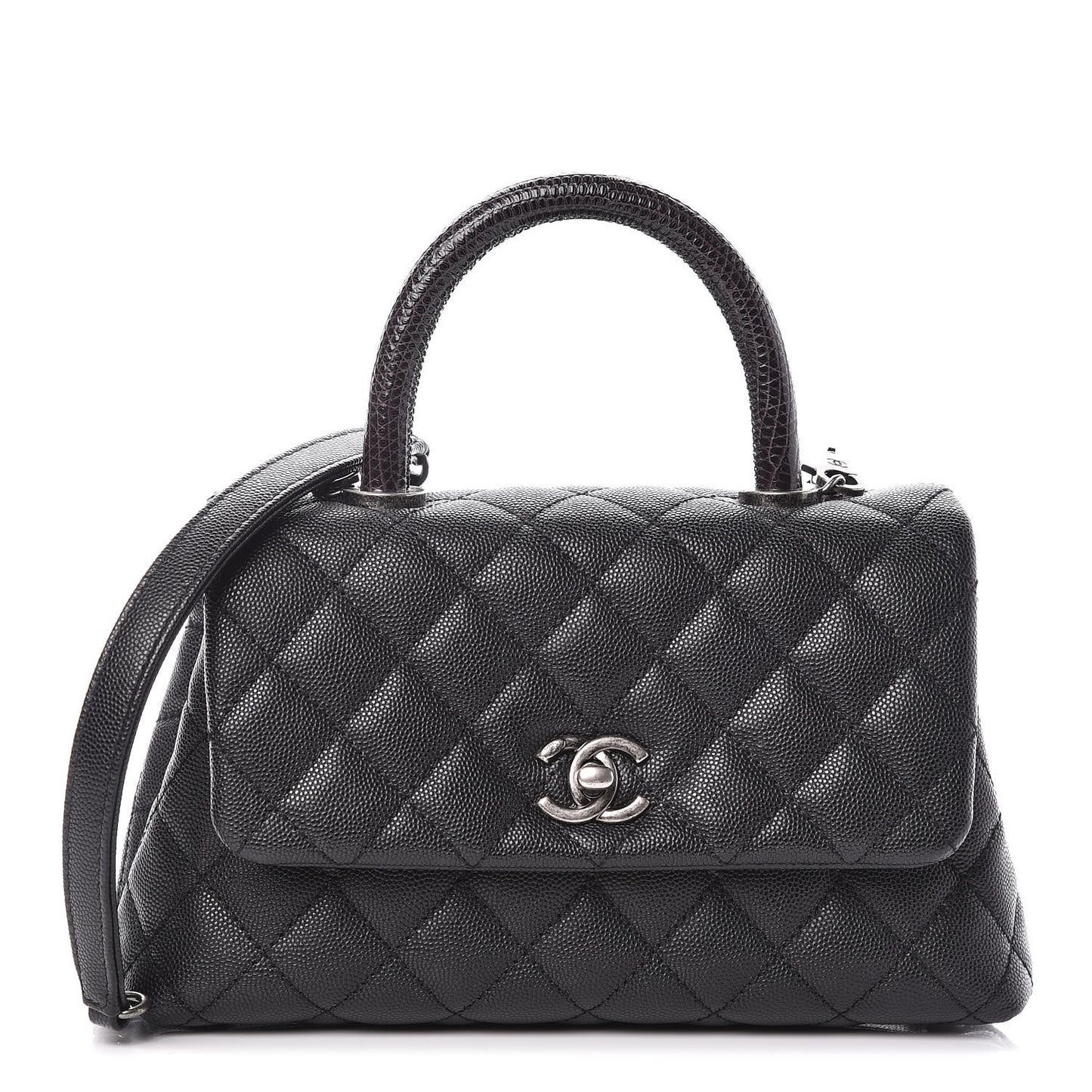Caviar Lizard Quilted Mini Coco Handle Flap Black