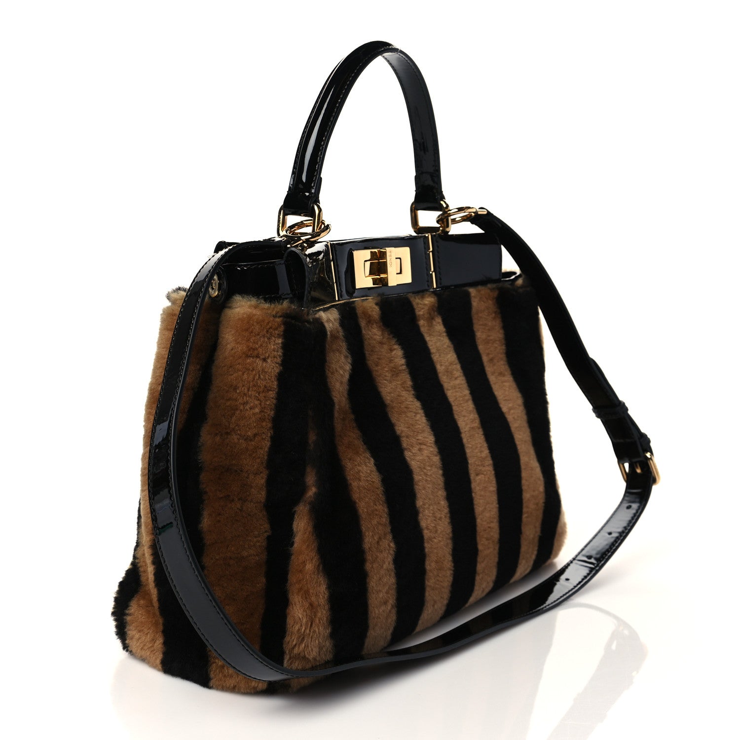 Fendi Shearling Vitello Vernice Mou Pequin Striped Medium Peekaboo Iconic Satchel Tobacco Black 3 of 9