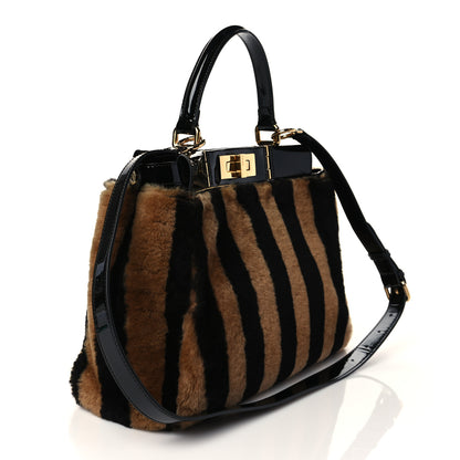Fendi Shearling Vitello Vernice Mou Pequin Striped Medium Peekaboo Iconic Satchel Tobacco Black 3 of 9