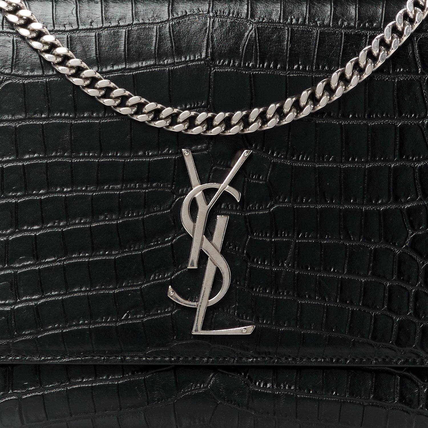 Saint Laurent Calfskin Crocodile Embossed Large Classic Monogram Kate Satchel Black 9 of 16