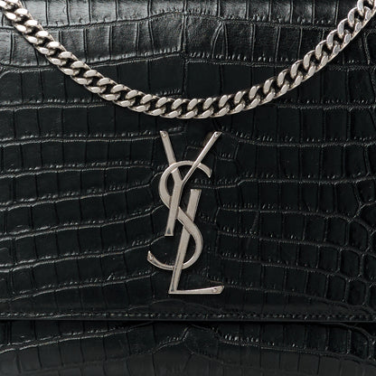 Saint Laurent Calfskin Crocodile Embossed Large Classic Monogram Kate Satchel Black 9 of 16