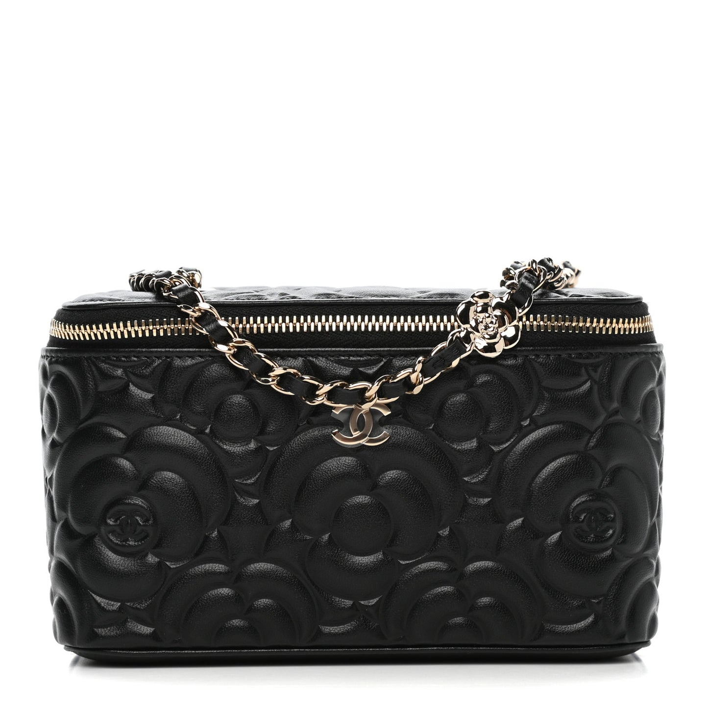 Goatskin Camellia Embossed Quilted Small Vanity Case With Chain Black