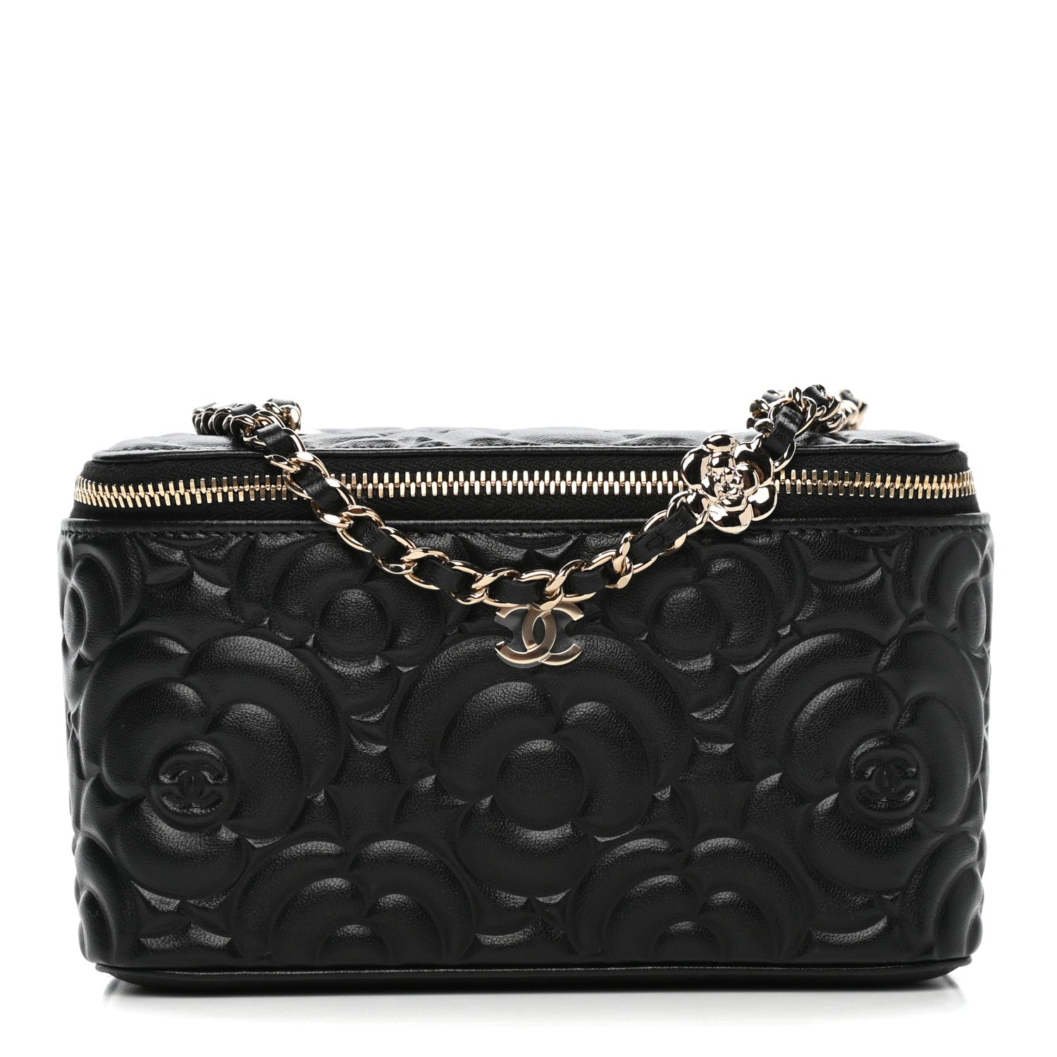 Chanel Goatskin Camellia Embossed Quilted Small Vanity Case With Chain Black 1 of 10