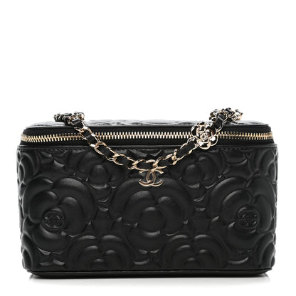 Chanel Goatskin Camellia Embossed Quilted Small Vanity Case With Chain Black 1 of 10