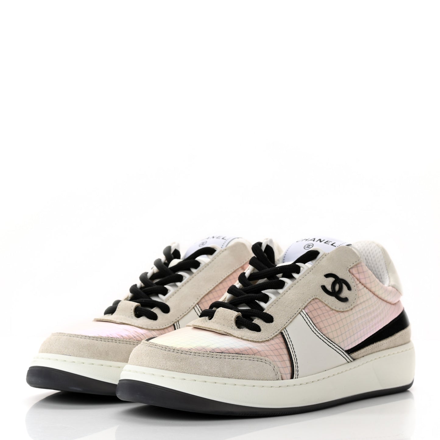 Suede Fabric Calfskin Womens CC Sneakers 37.5 Pink Gray White