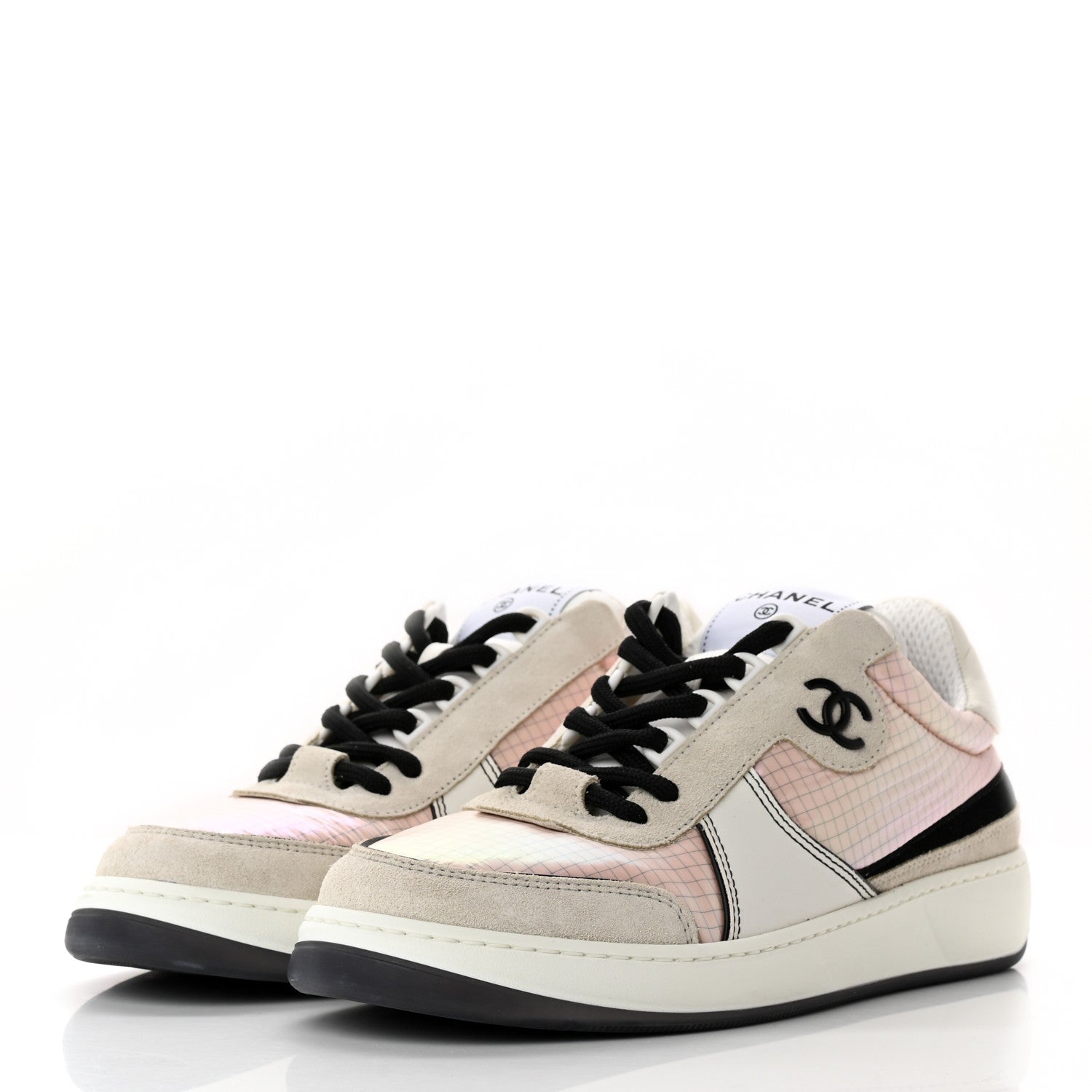 Chanel Suede Fabric Calfskin Womens CC Sneakers 37.5 Pink Gray White 3 of 11