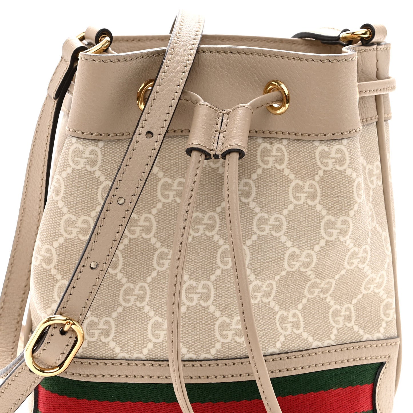GG Supreme Monogram Textured Calfskin Web Mini Ophidia Bucket Bag Beige Mystic White Oatmeal