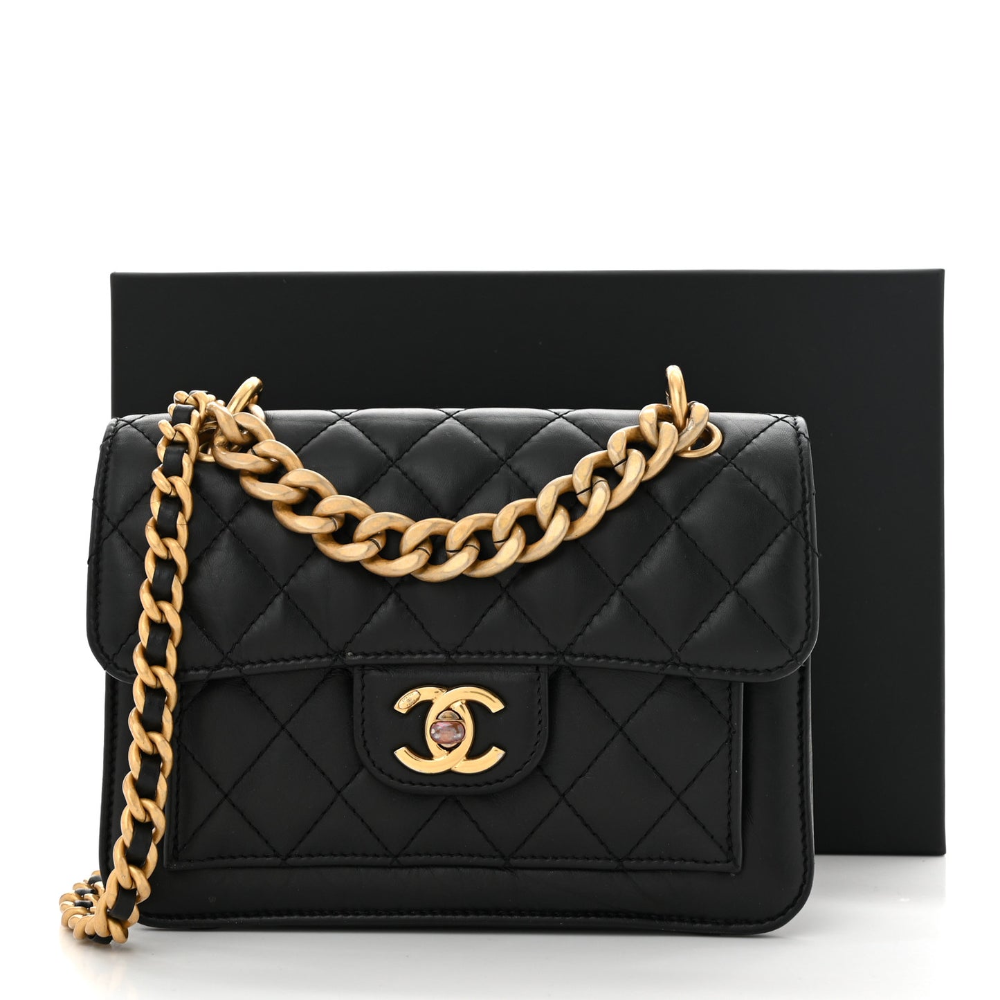 Aged Calfskin Quilted Double You Mini Flap Black