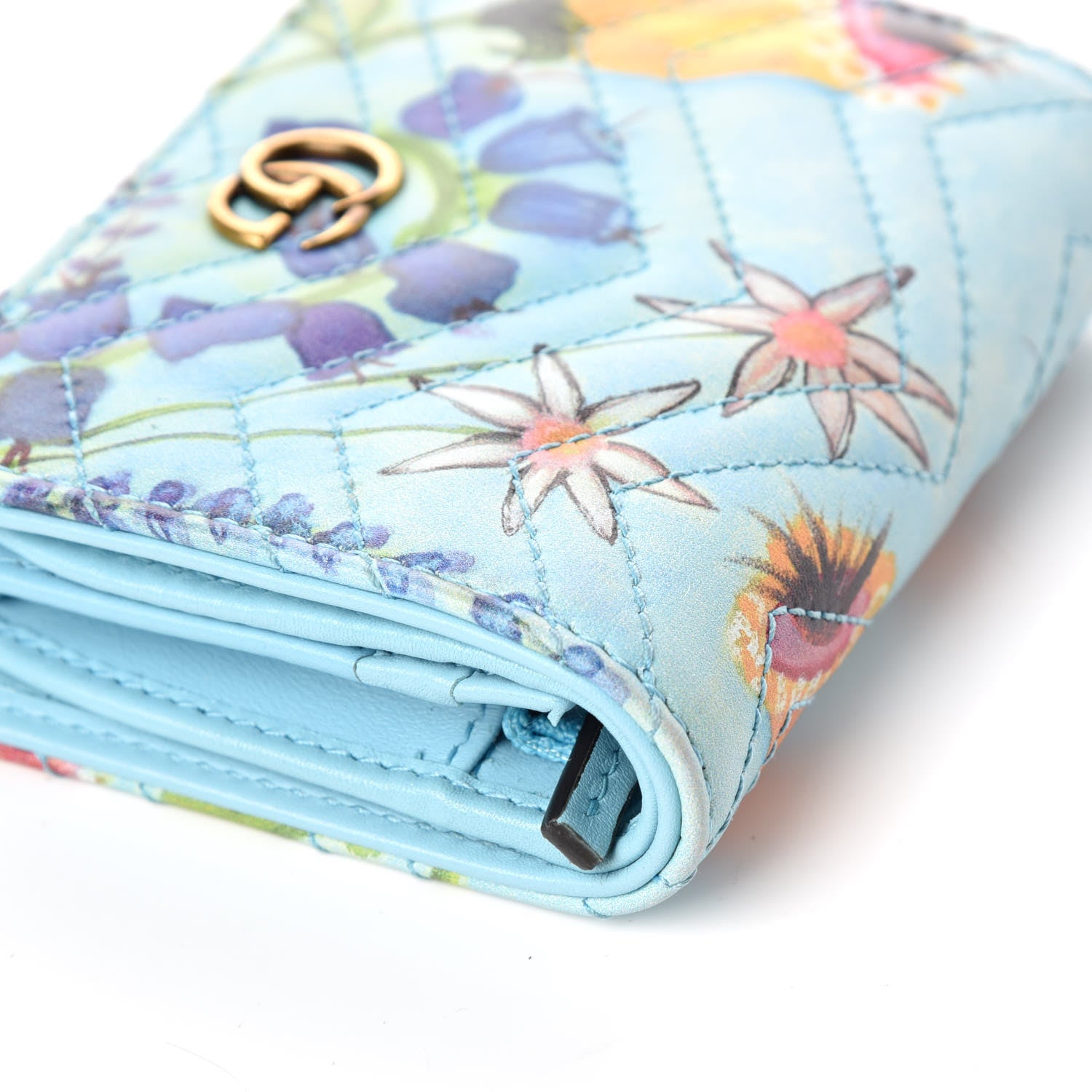 Gucci X UNSKILLED WORKER Calfskin Matelasse Flora Painted GG Marmont Card Case Wallet Cloudy Blue Multicolor 9 of 11