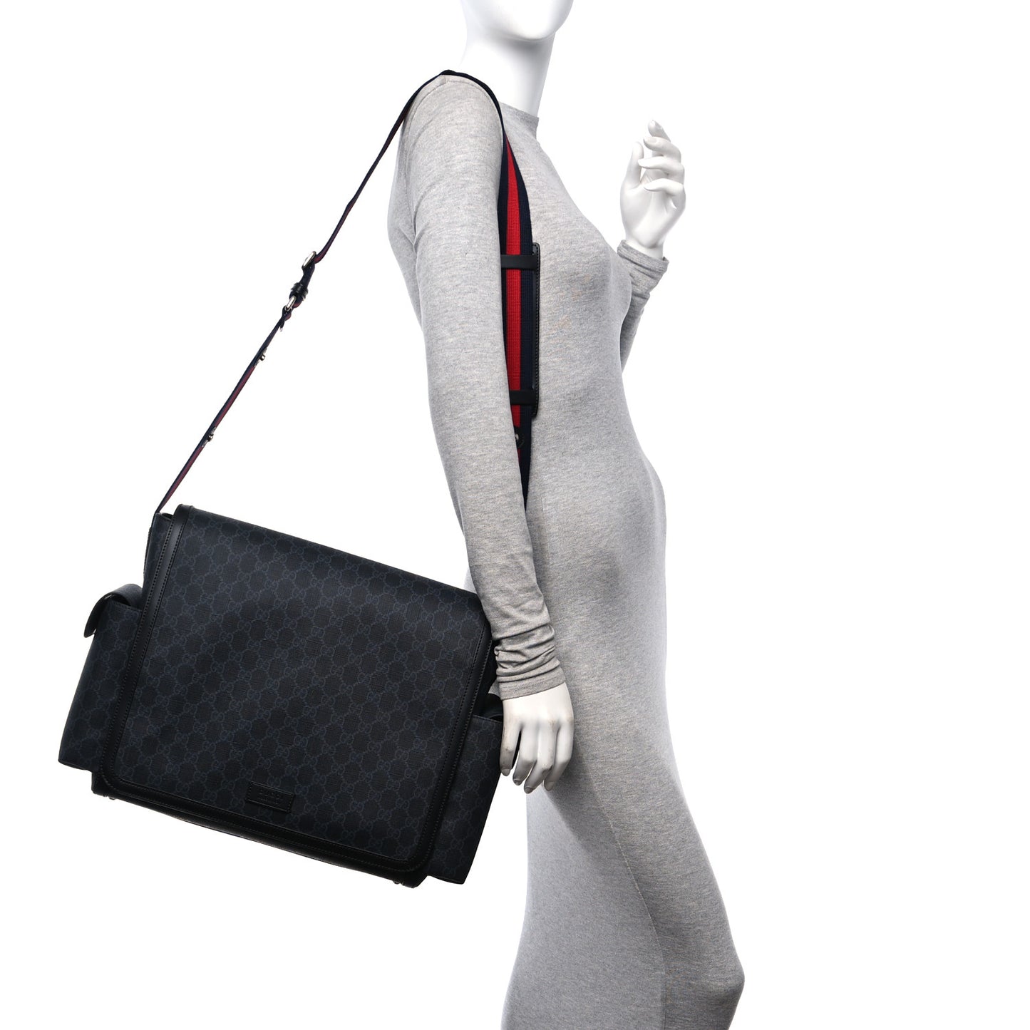GG Supreme Monogram Web Messenger Diaper Bag Black Grey