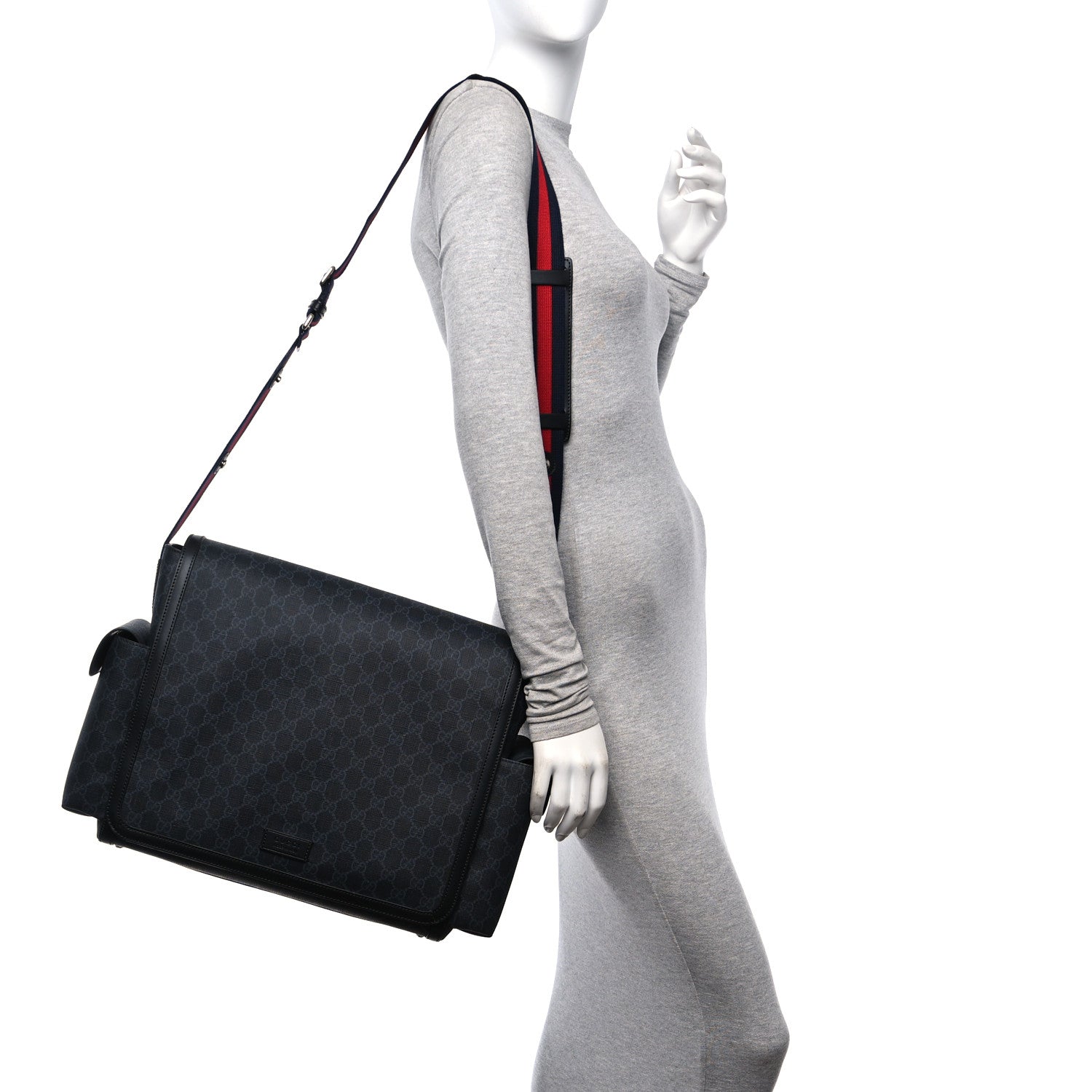 Gucci GG Supreme Monogram Web Messenger Diaper Bag Black Grey 2 of 17