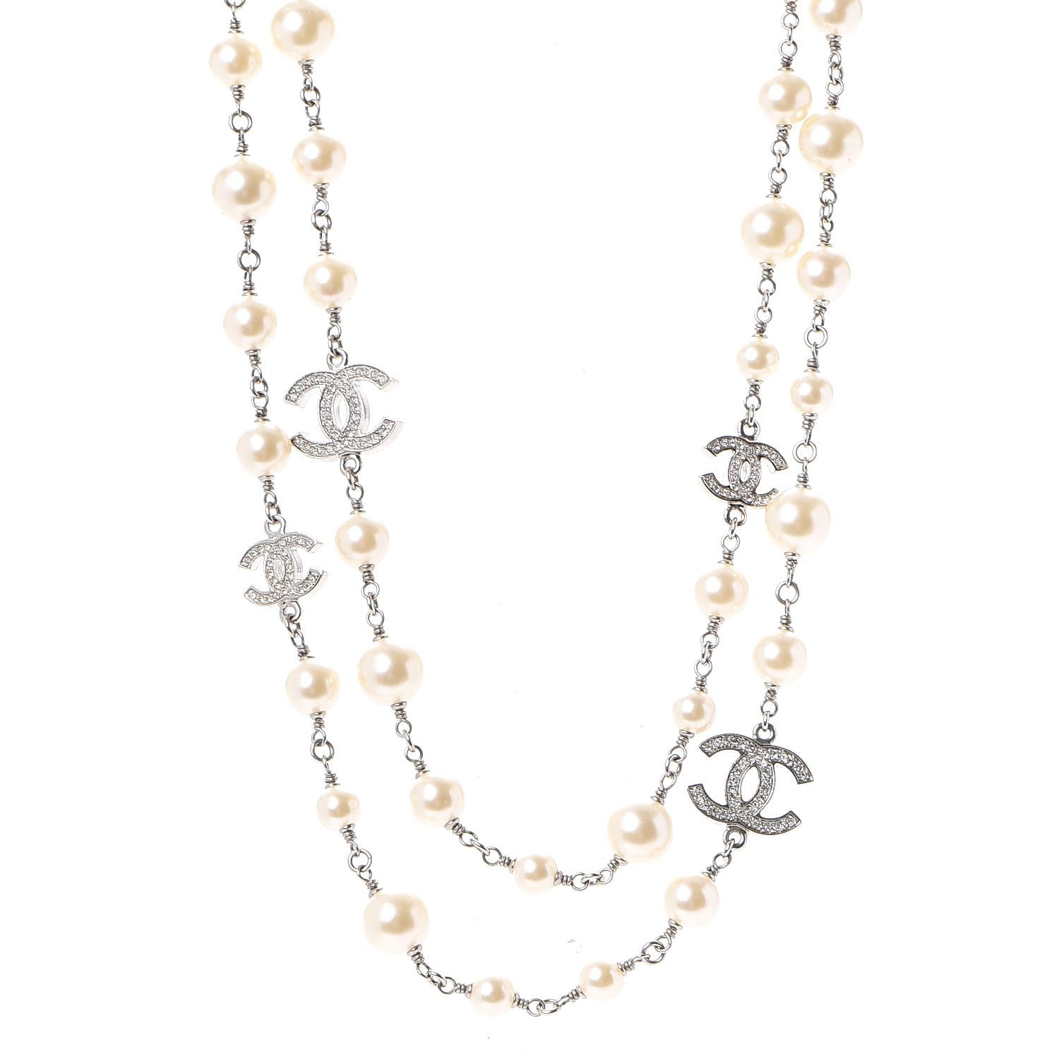Chanel Crystal Pearl CC Long Necklace Silver 1 of 6