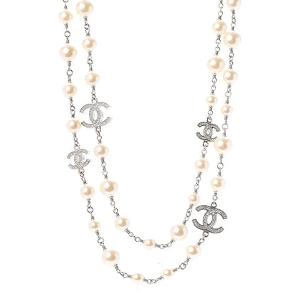 Chanel Crystal Pearl CC Long Necklace Silver 1 of 6