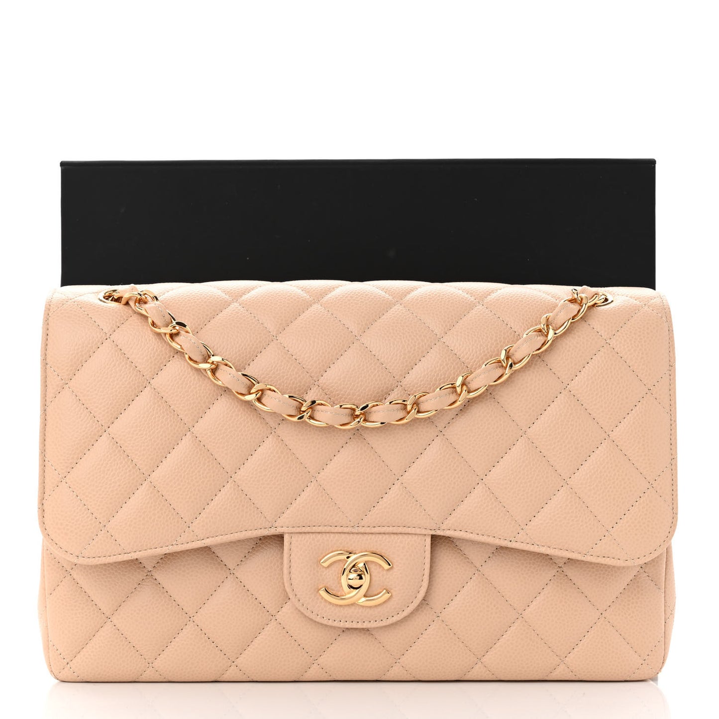 Caviar Quilted Jumbo Double Flap Beige Clair