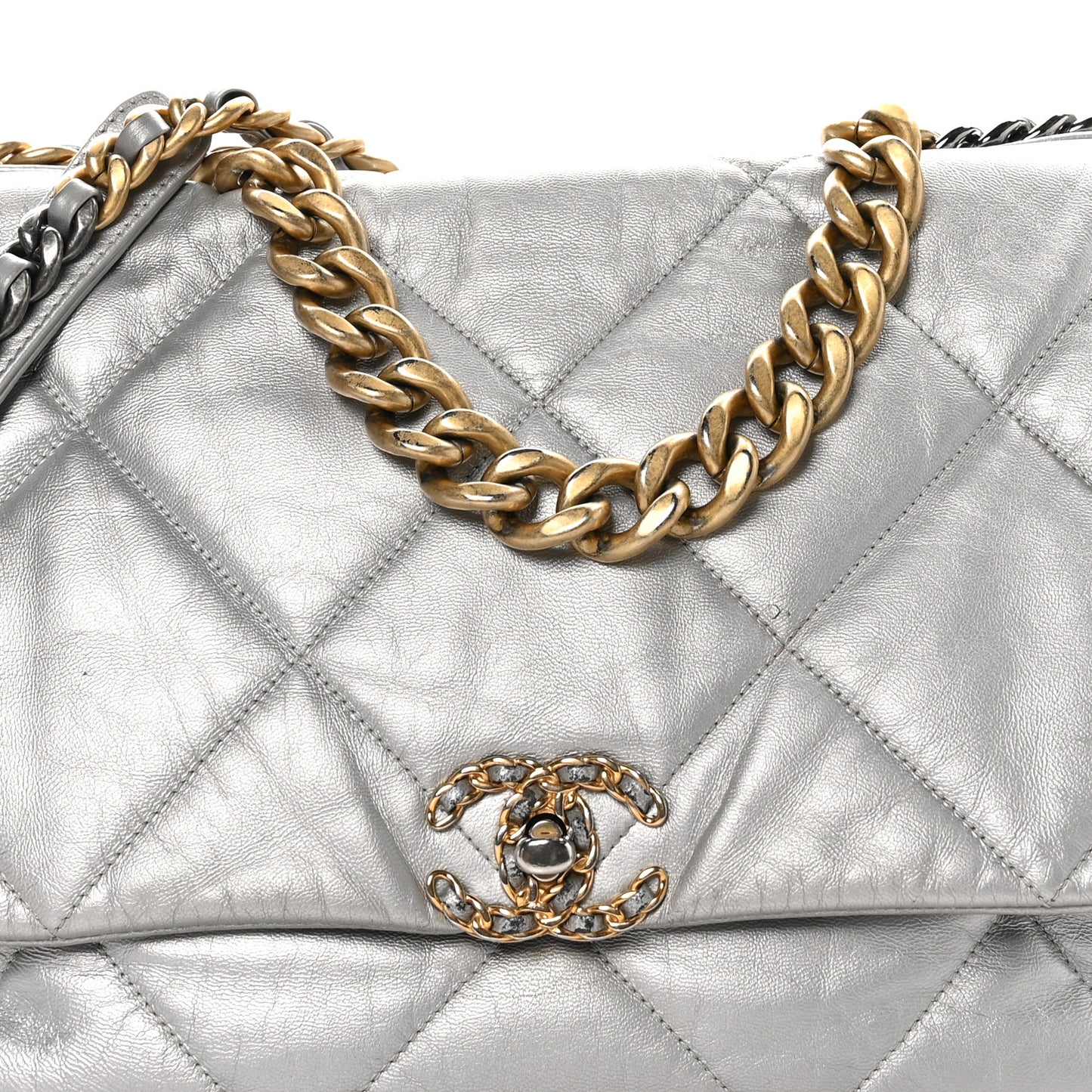 Metallic Goatskin Quilted Maxi 19 Flap Silver