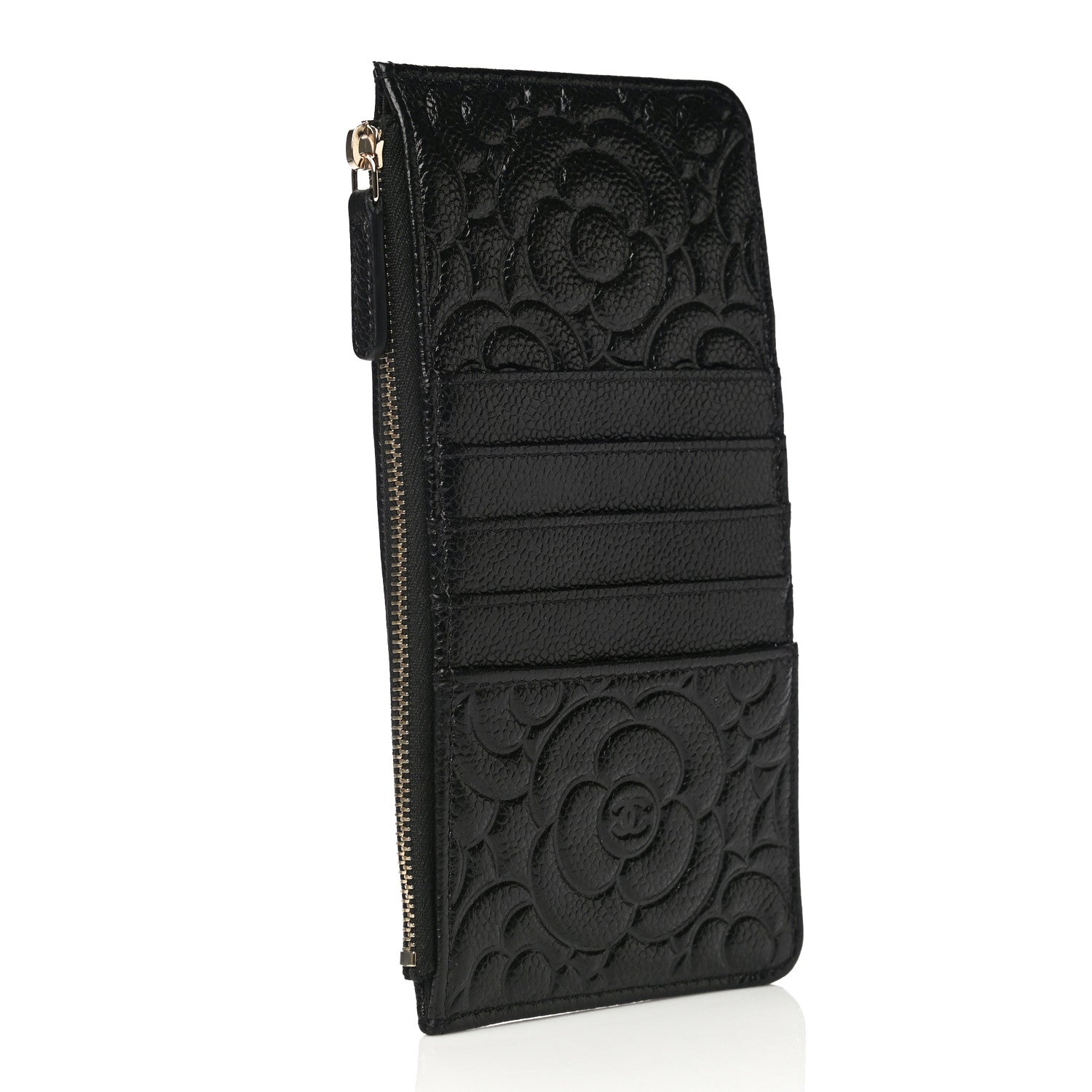 Chanel Caviar Camellia Embossed Classic Flat Wallet Pouch Black 3 of 11