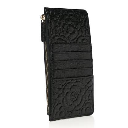 Chanel Caviar Camellia Embossed Classic Flat Wallet Pouch Black 3 of 11