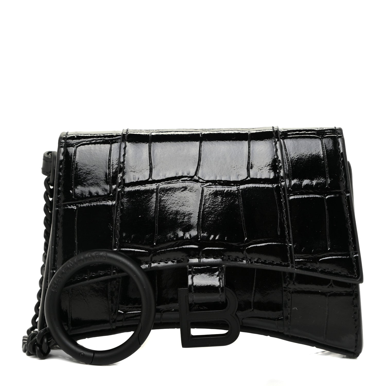 Balenciaga Shiny Calfskin Monochrome Crocodile Embossed Hourglass Chain Cardholder Black 1 of 12