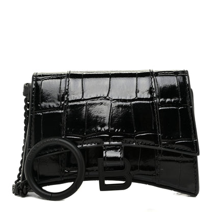 Balenciaga Shiny Calfskin Monochrome Crocodile Embossed Hourglass Chain Cardholder Black 1 of 12