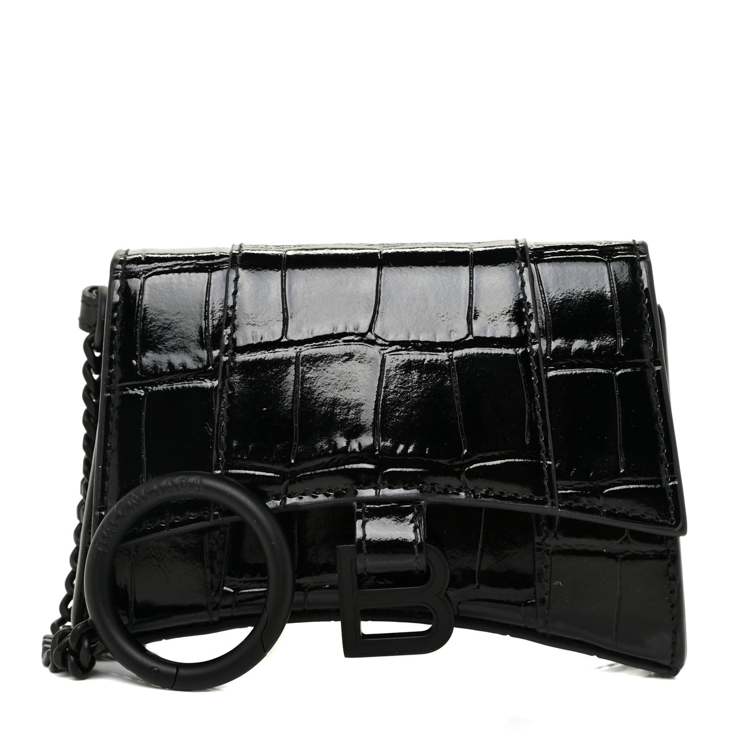 Shiny Calfskin Monochrome Crocodile Embossed Hourglass Chain Cardholder Black