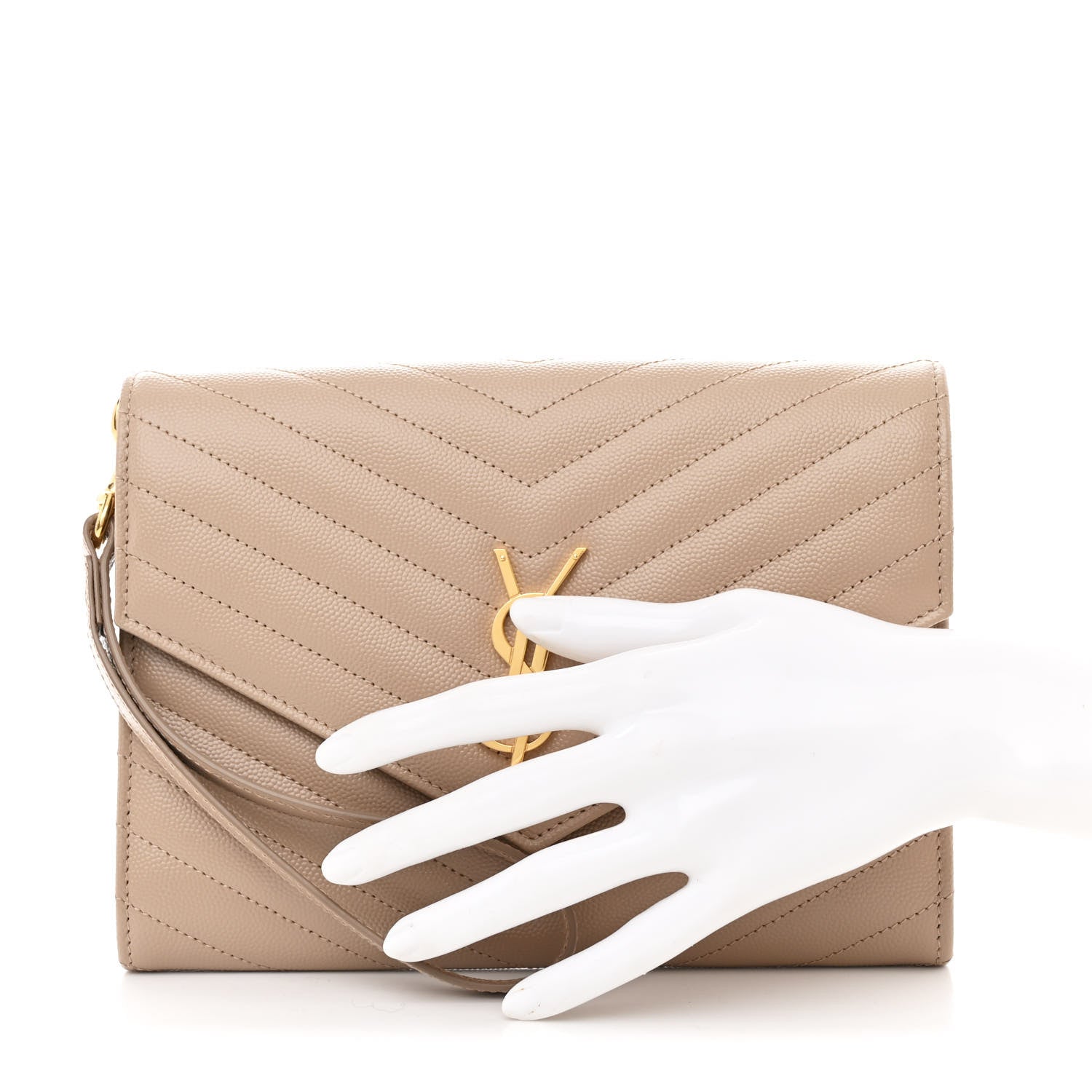 Saint Laurent Grain De Poudre Matelasse Chevron Monogram Envelope Clutch Dark Beige 2 of 8