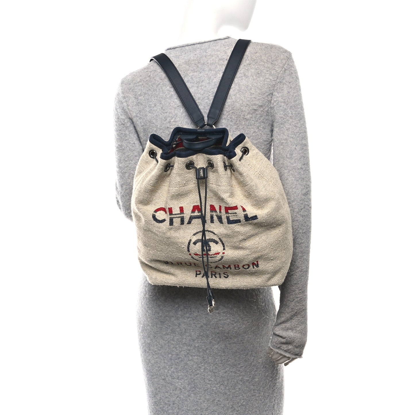 Striped Canvas Large Deauville Backpack Beige