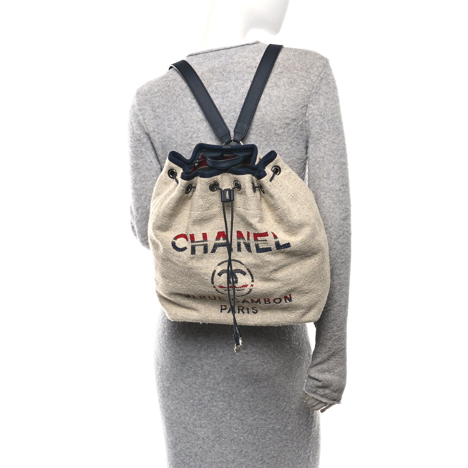 Chanel Striped Canvas Large Deauville Backpack Beige 2 of 10