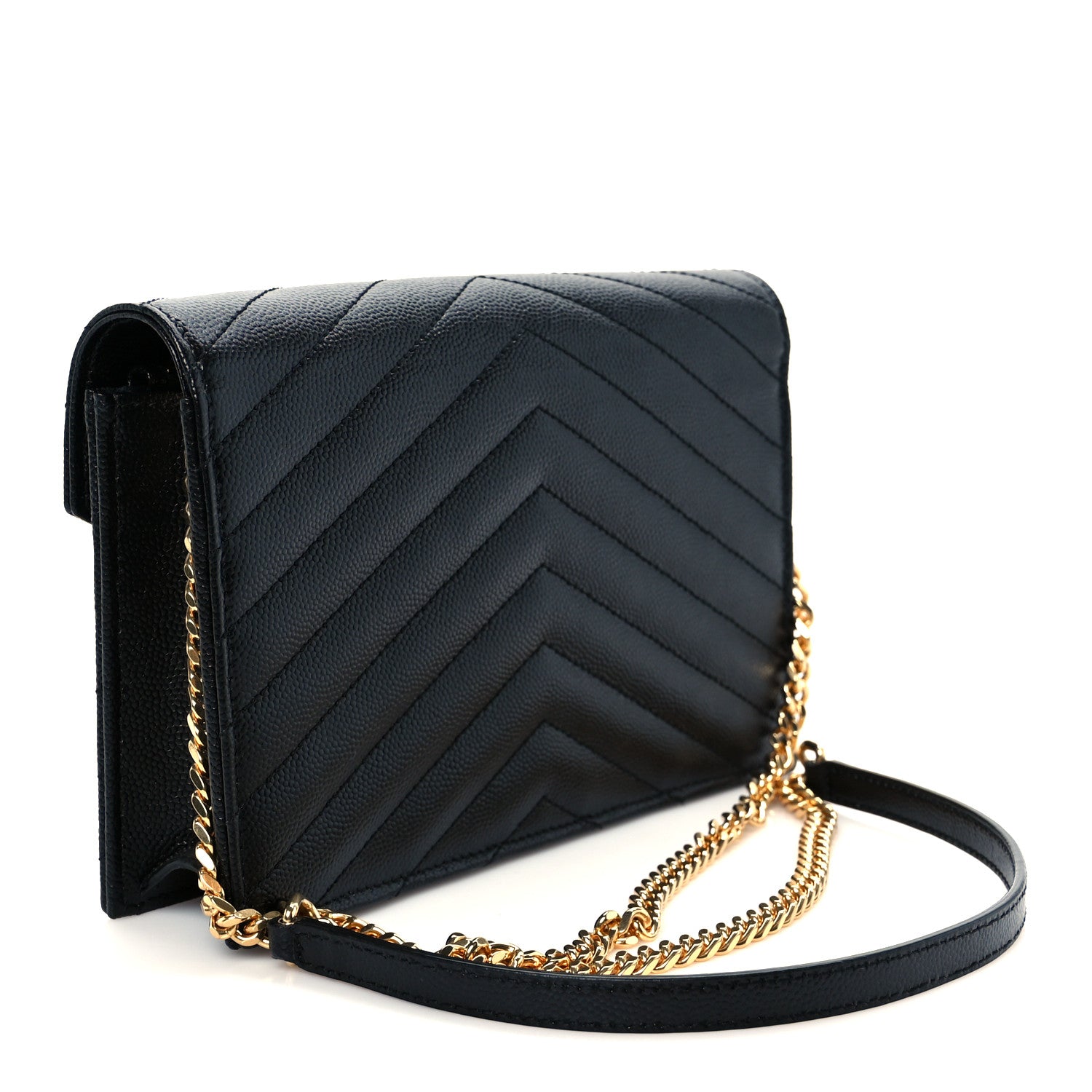 Saint Laurent Grain De Poudre Matelasse Chevron Monogram Envelope Chain Wallet Black 6 of 20