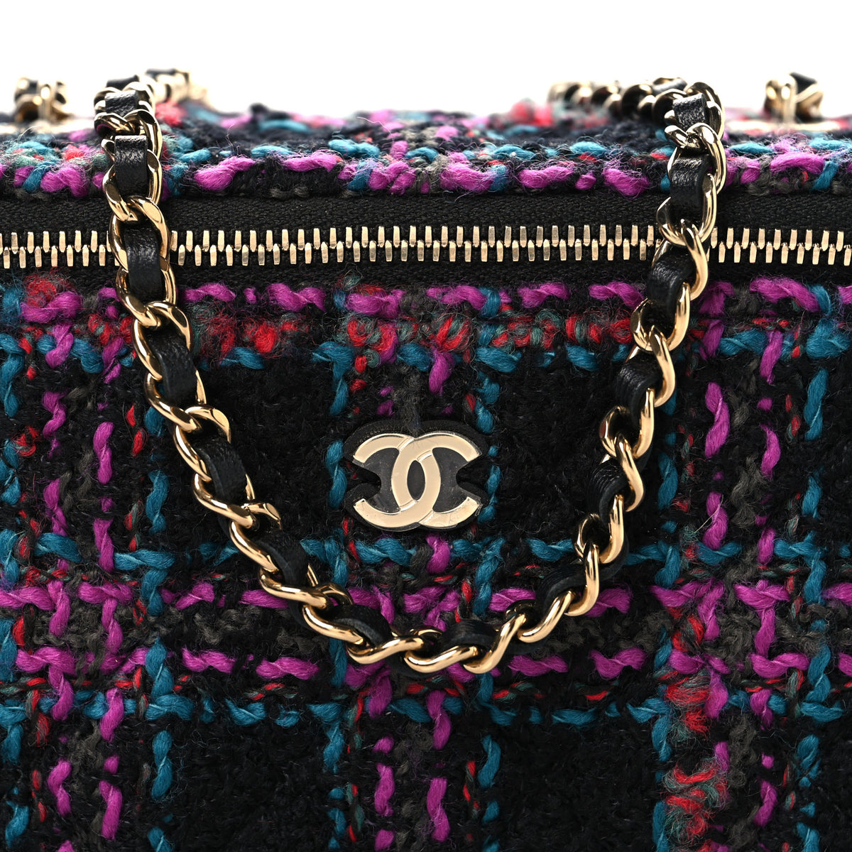Tweed Quilted Small Vanity Case With Chain Black Purple Green Red