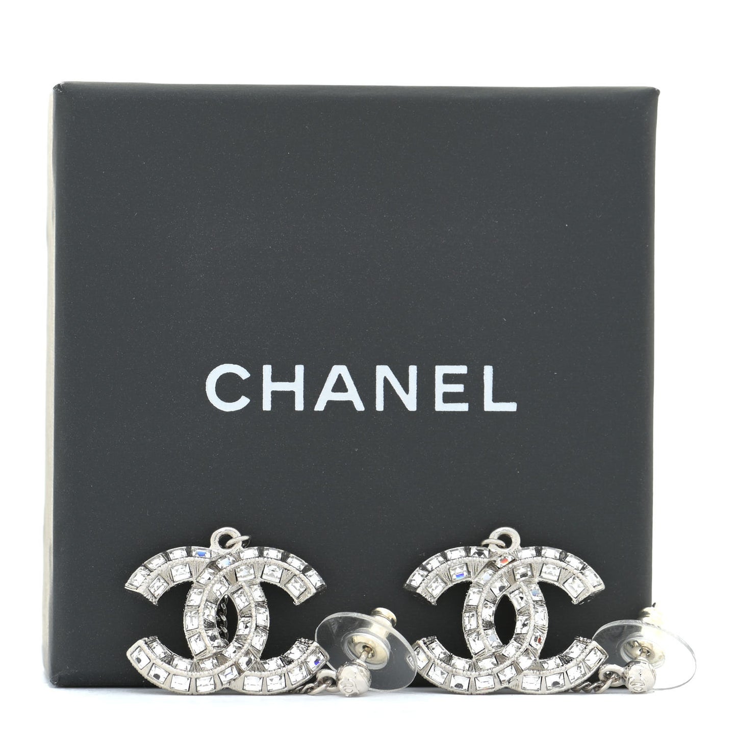 Baguette Crystal CC Drop Earrings Silver