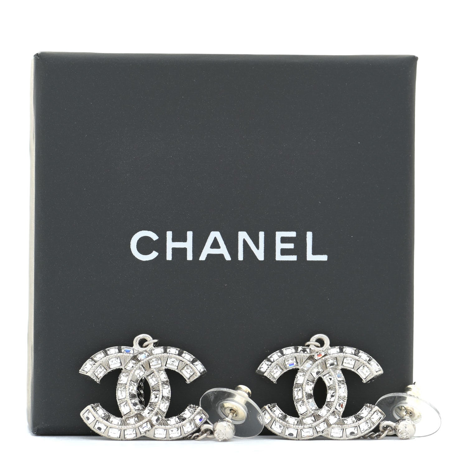 Chanel Baguette Crystal CC Drop Earrings Silver 5 of 5