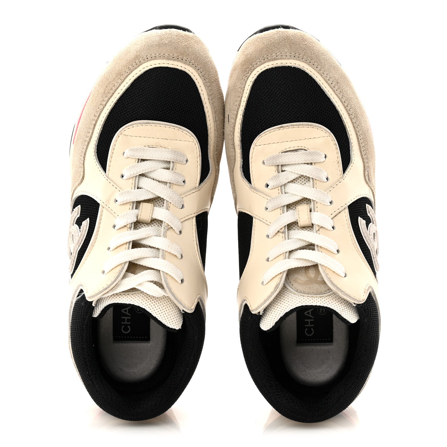 Chanel Mesh Suede Calfskin Grained Calfskin Womens CC Sneakers 38.5 White Black Pink 5 of 11