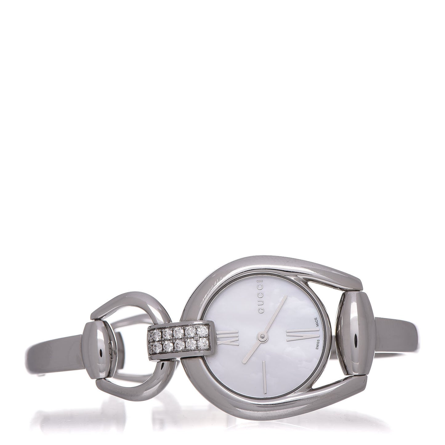 Stainless Steel Diamond Pave Mother of Pearl 28mm Horsebit Quartz Watch