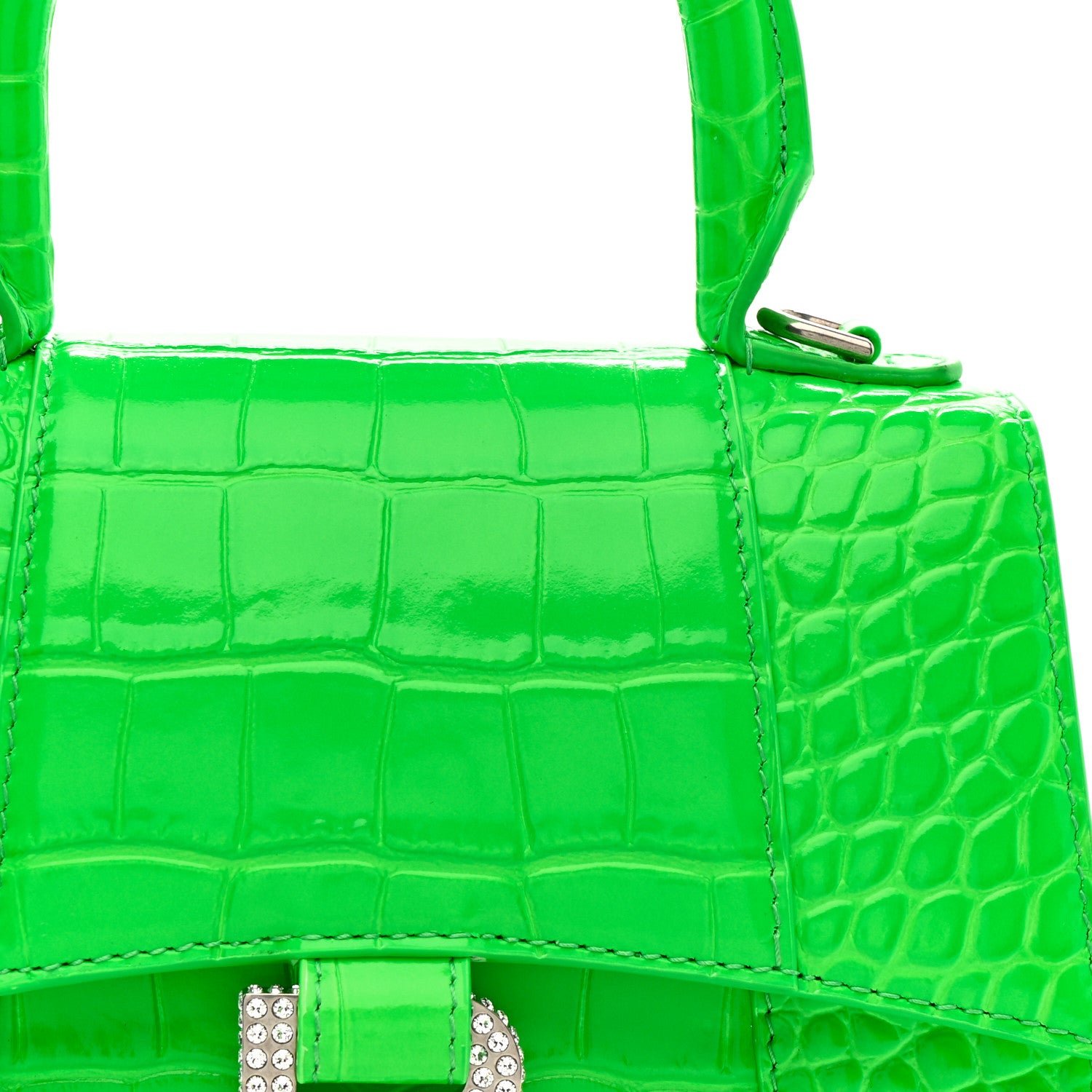 Balenciaga Shiny Calfskin Strass Crocodile Embossed Hourglass Top Handle Bag XS Fluo Green 8 of 13