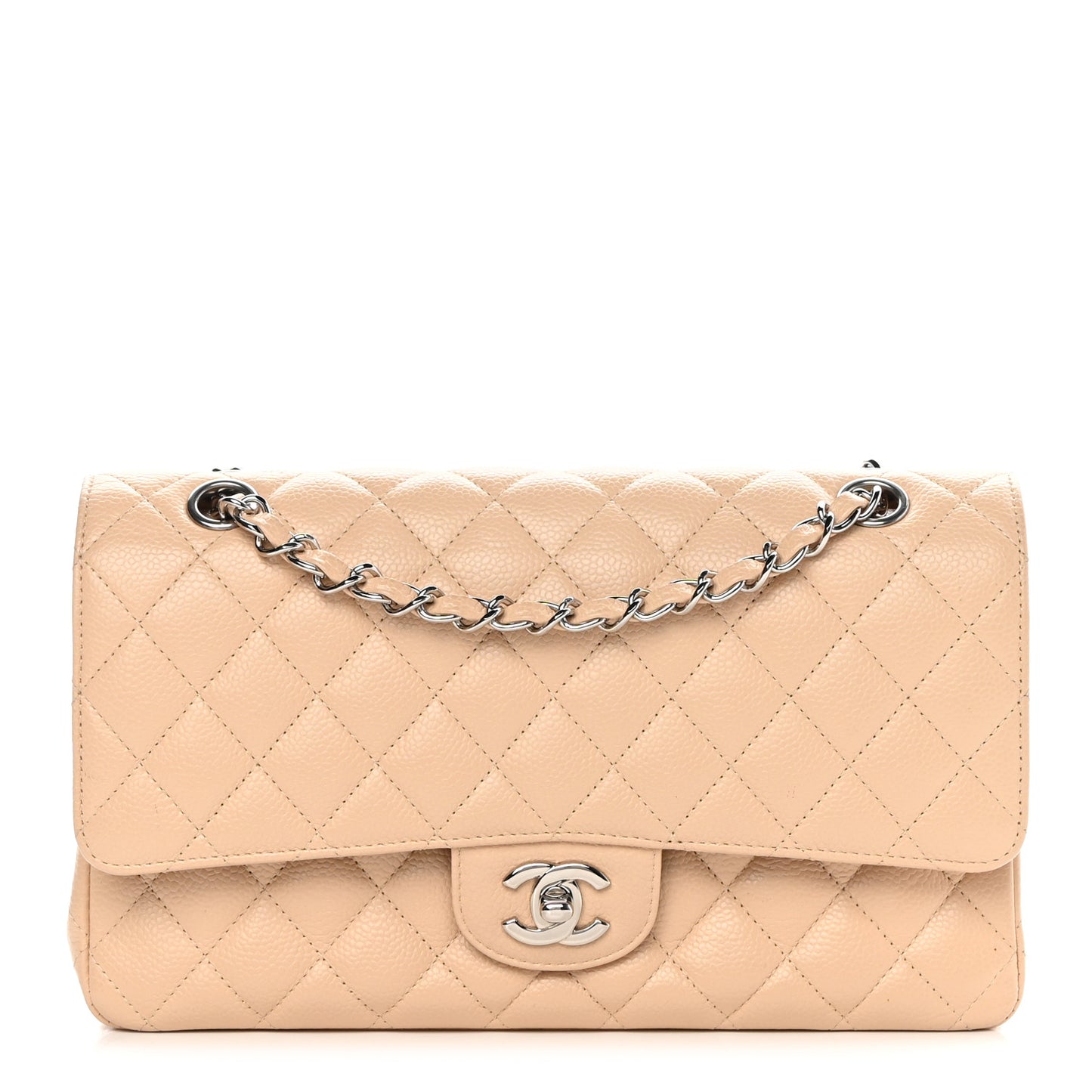 Caviar Quilted Medium Double Flap Beige