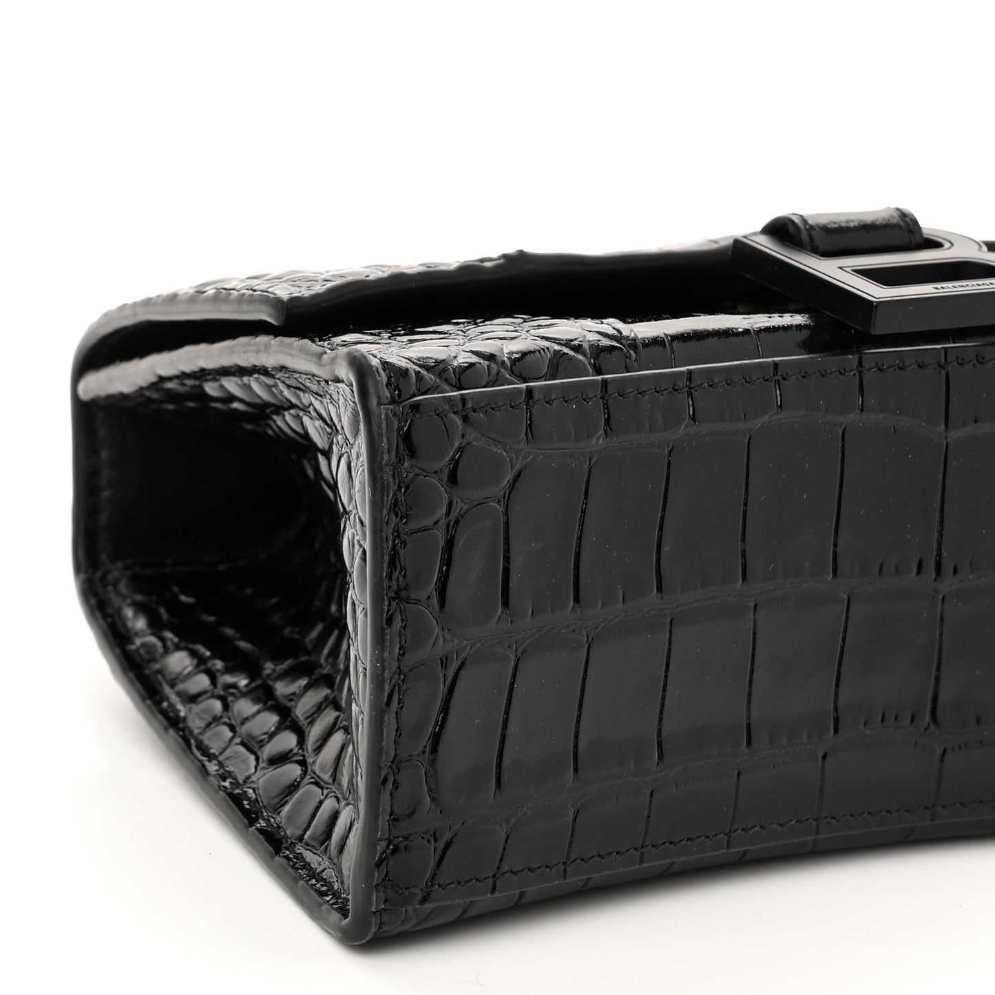 Shiny Calfskin Monochrome Crocodile Embossed Hourglass Top Handle Bag XS Black