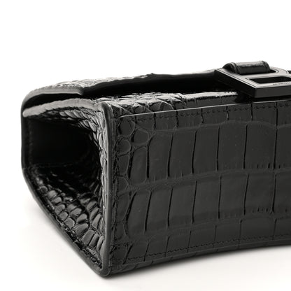 Balenciaga Shiny Calfskin Monochrome Crocodile Embossed Hourglass Top Handle Bag XS Black 8 of 10