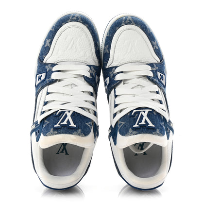 Louis Vuitton Calfskin Embossed Monogram Denim Womens LV Trainer Sneakers 38 Blue 2 of 11