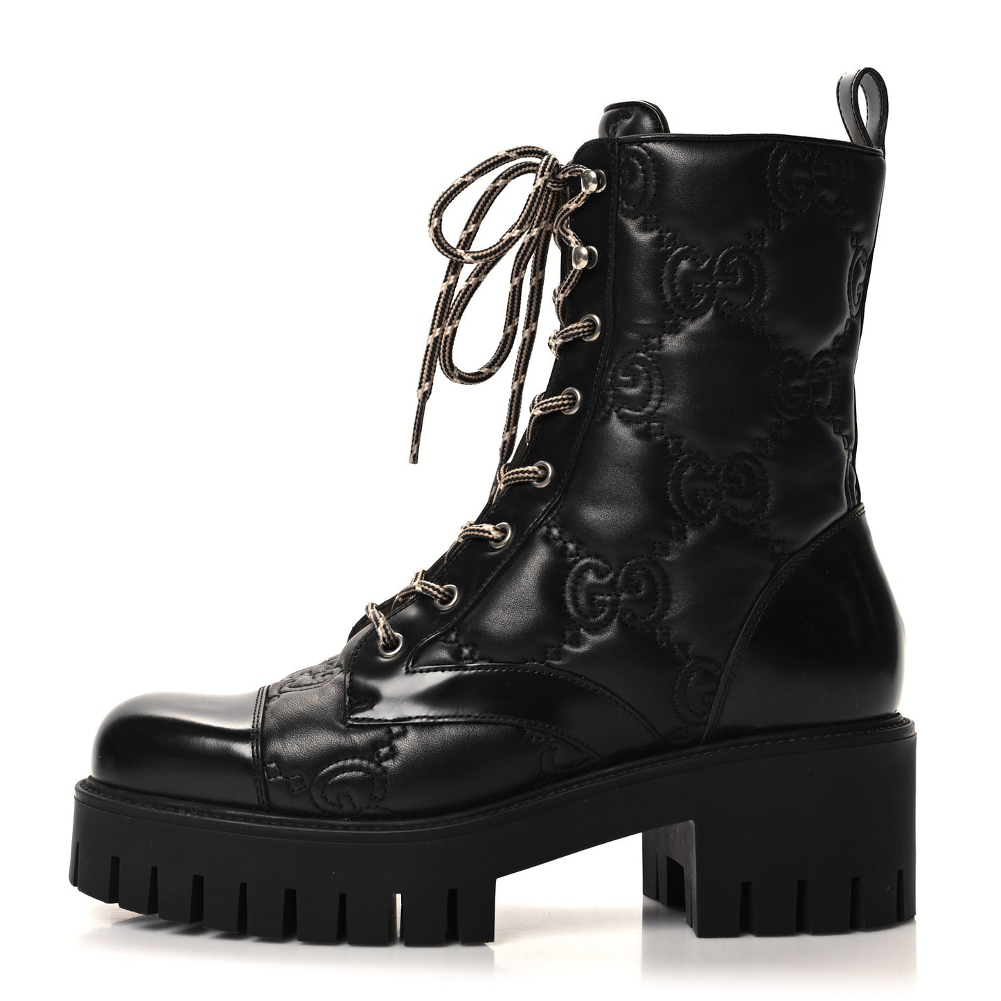 Cordovan Lux Nappa GG Matelasse Lace Up 60mm Combat Boots 40 Black