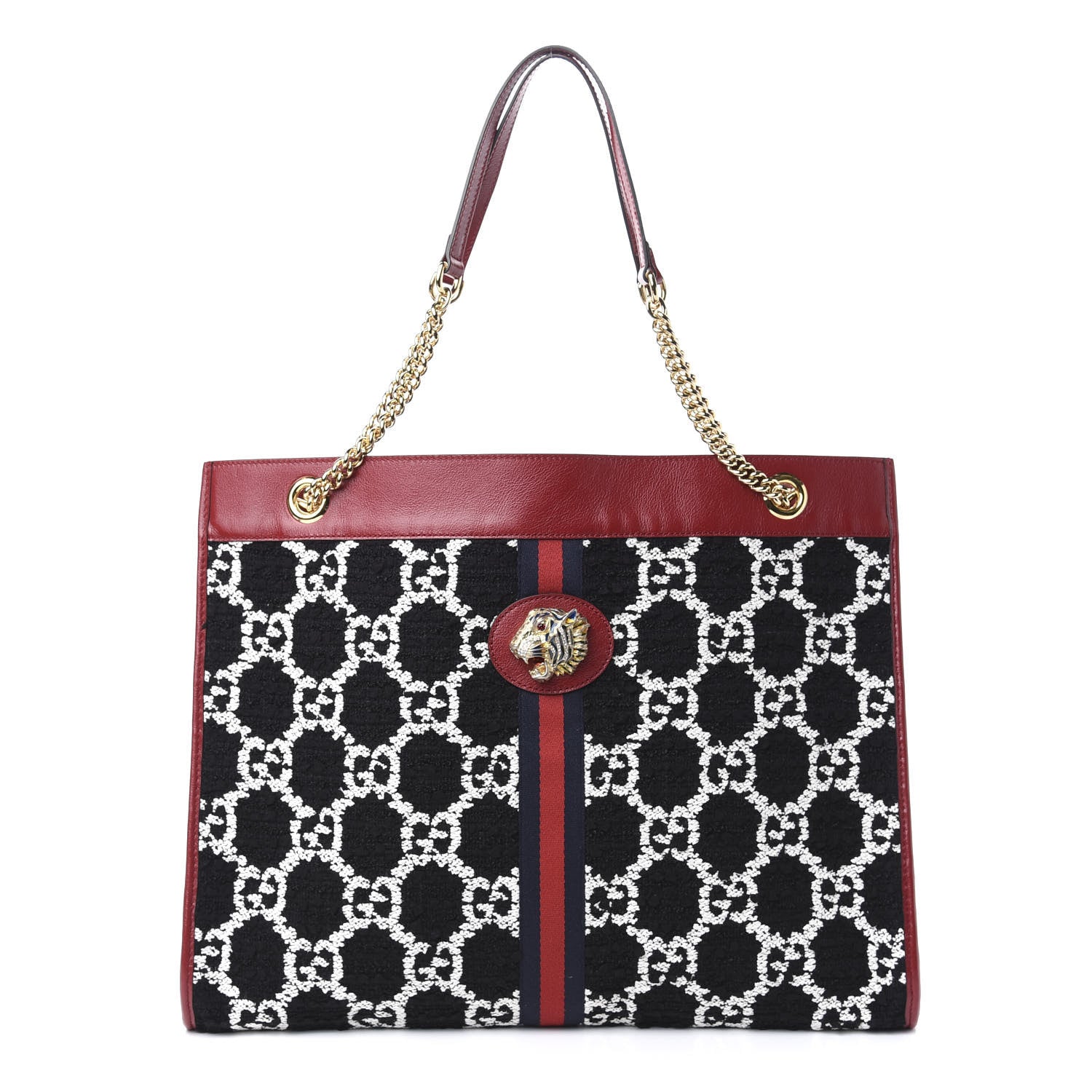 Gucci Tweed GG Monogram Large Rajah Chain Tote Romantic Cherry Black White 3 of 11