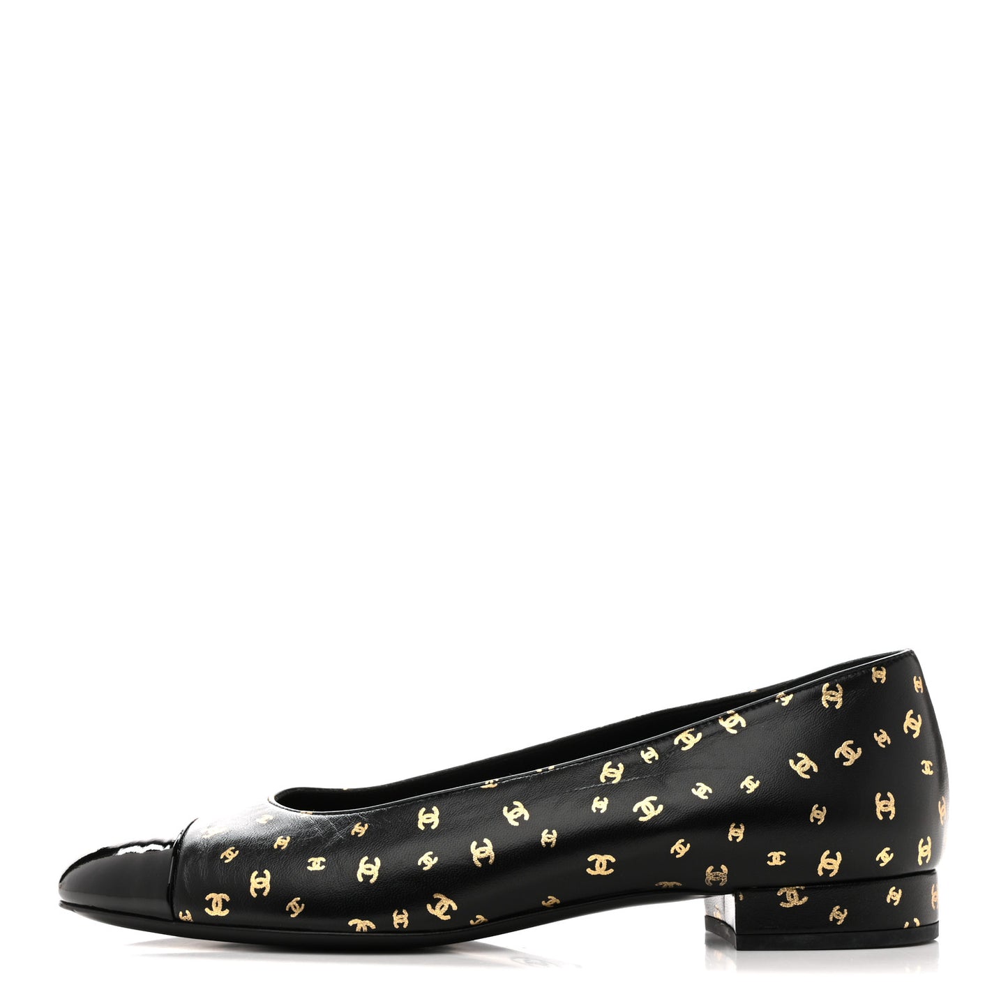 Lambskin Patent Calfskin Printed CC Cap Toe Ballerina Flats 38.5 Black Gold