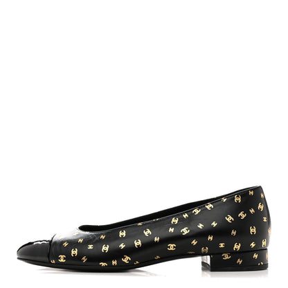 Chanel Lambskin Patent Calfskin Printed CC Cap Toe Ballerina Flats 38.5 Black Gold 1 of 10