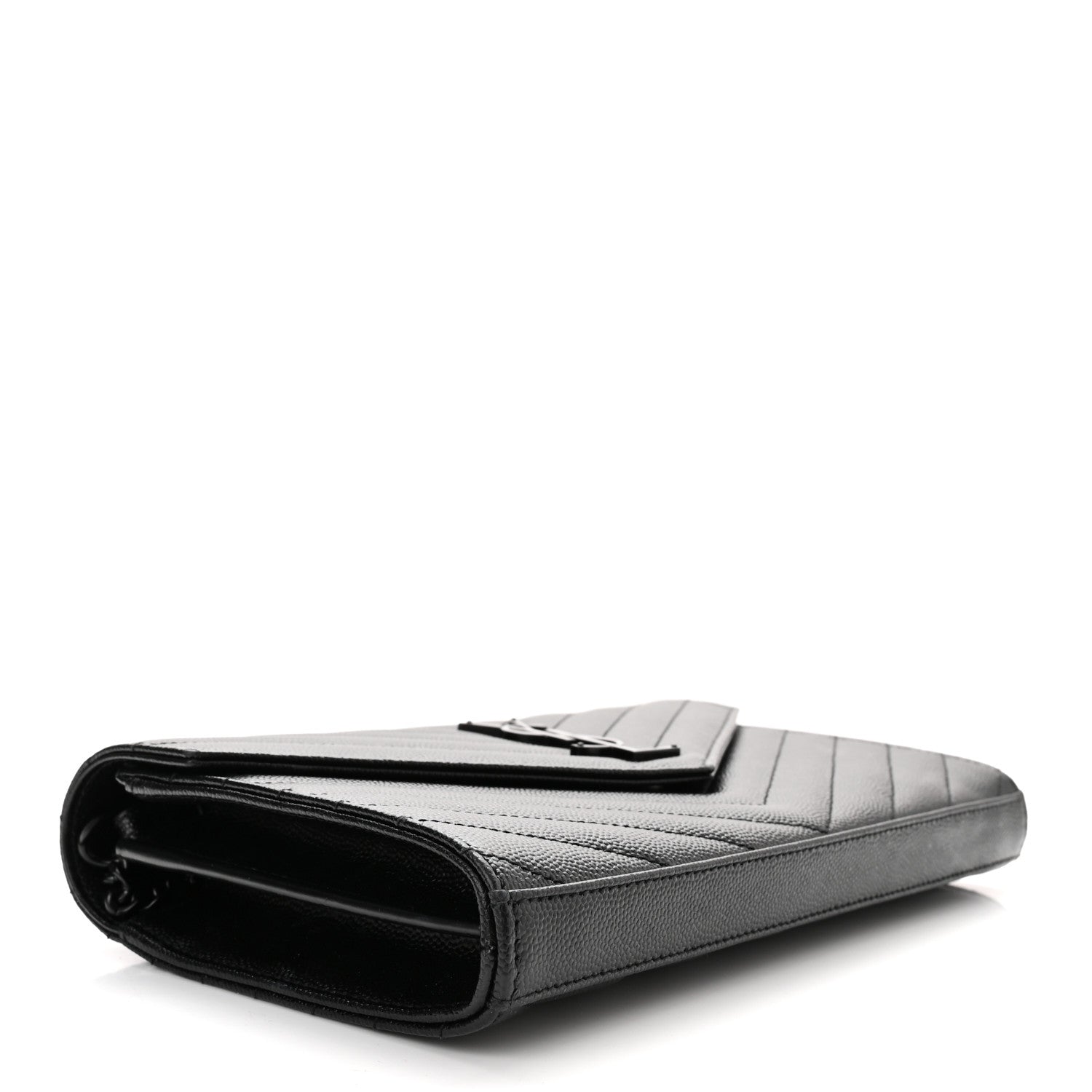 Saint Laurent Grain De Poudre Matelasse Chevron Monogram Monochrome Chain Wallet Black 3 of 11