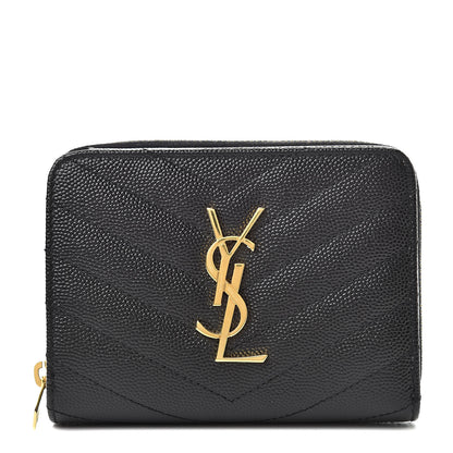 Saint Laurent Grain De Poudre Matelasse Chevron Monogram Compact Zip Around Wallet Black 1 of 9