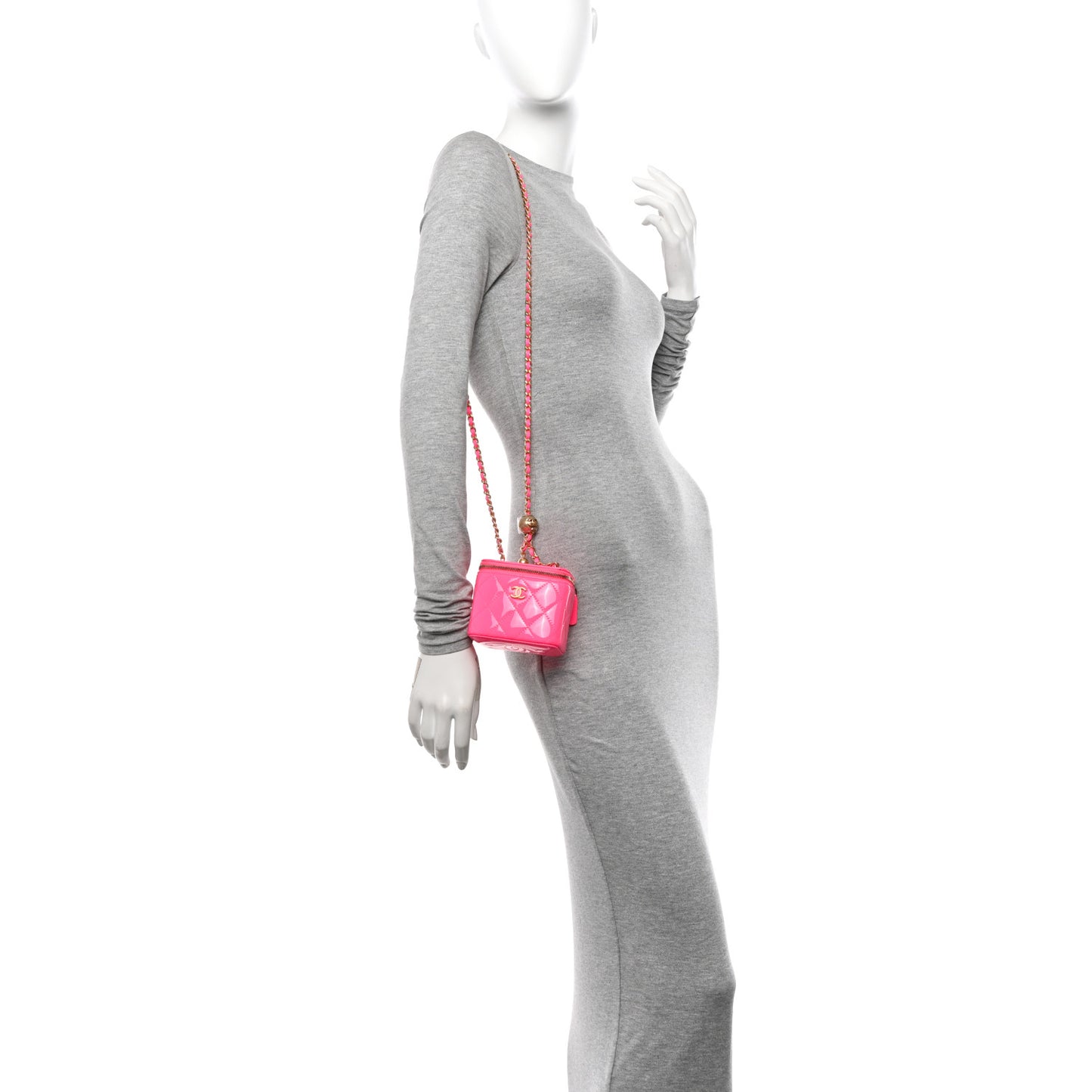 Patent Quilted Pearl Crush Mini Vanity Case With Chain Neon Pink