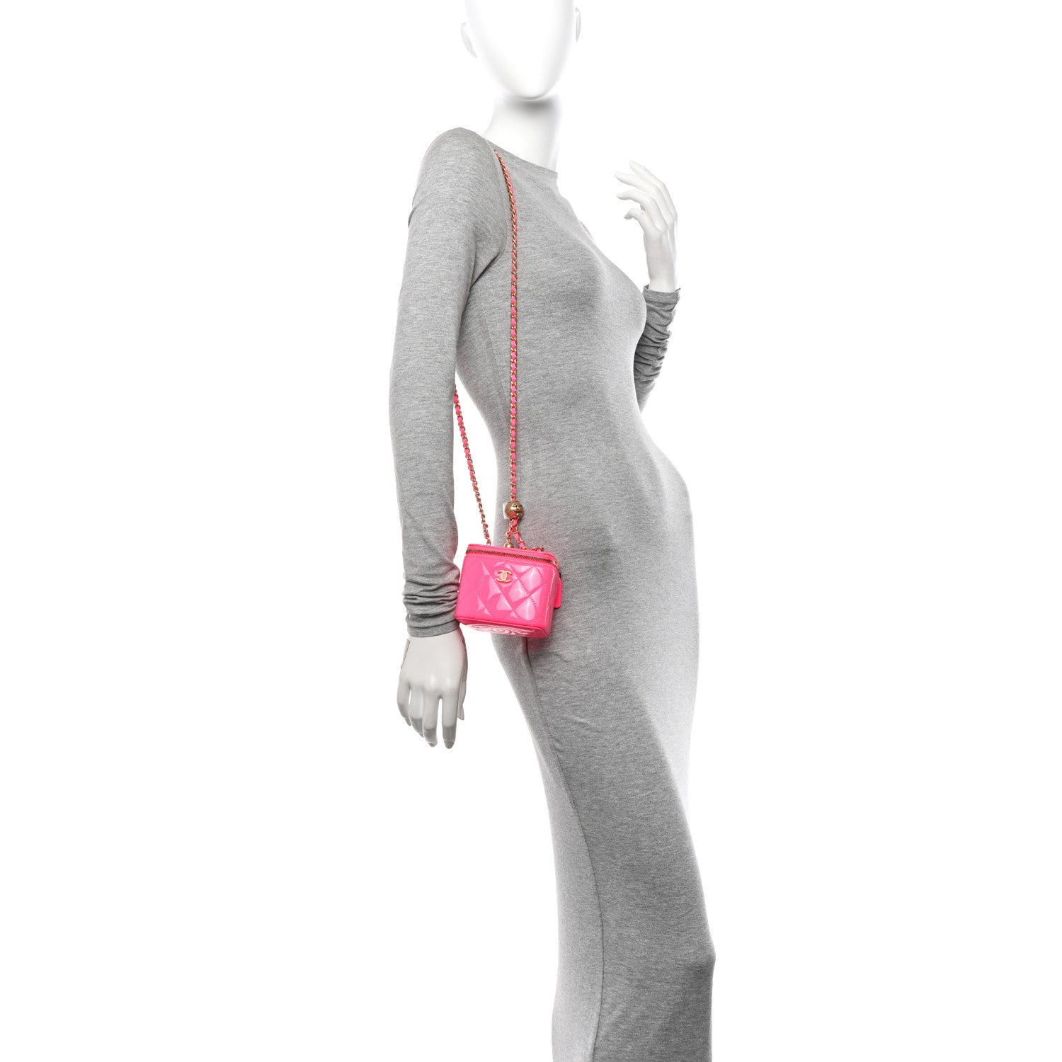 Chanel Patent Quilted Pearl Crush Mini Vanity Case With Chain Neon Pink 2 of 12