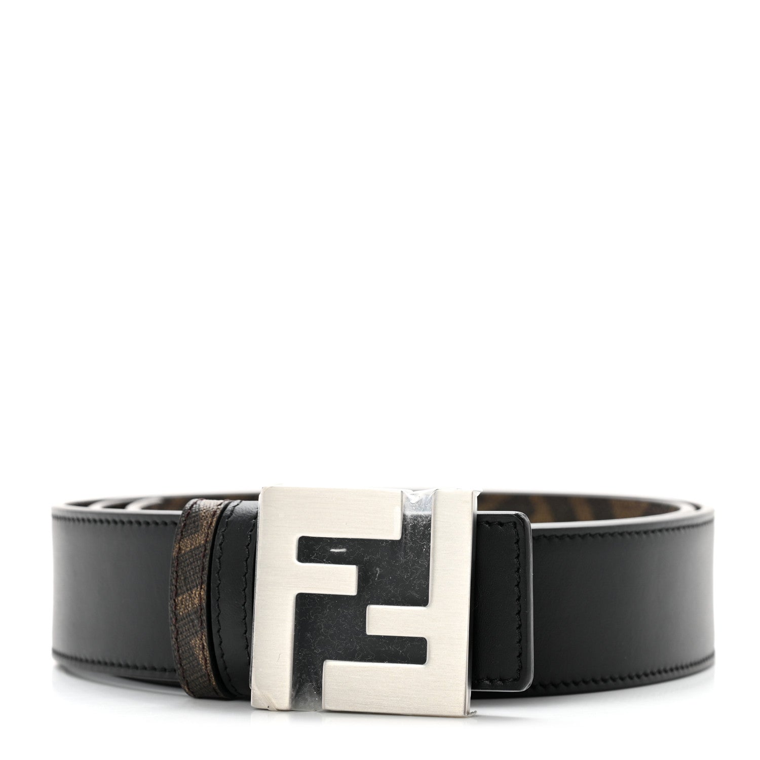 Fendi Cuoio Romano Glazed Fabric FF 1974 Reversible Belt 95 38 Black Tobacco 1 of 5