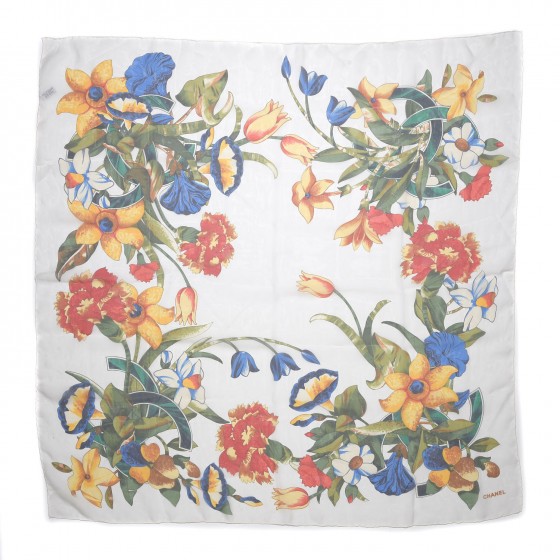 Silk Camellia Flower Scarf White Multicolor