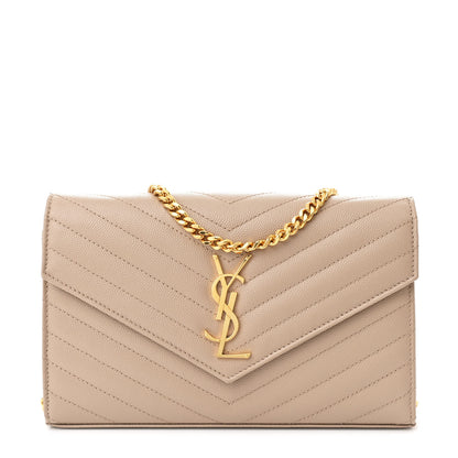 Saint Laurent Grain De Poudre Matelasse Chevron Monogram Chain Wallet Dark Beige 1 of 12