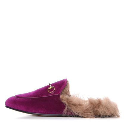 Gucci Velvet Fur Womens Princetown Slippers 38.5 Fucsia Violet Cyclamen Natural 1 of 8